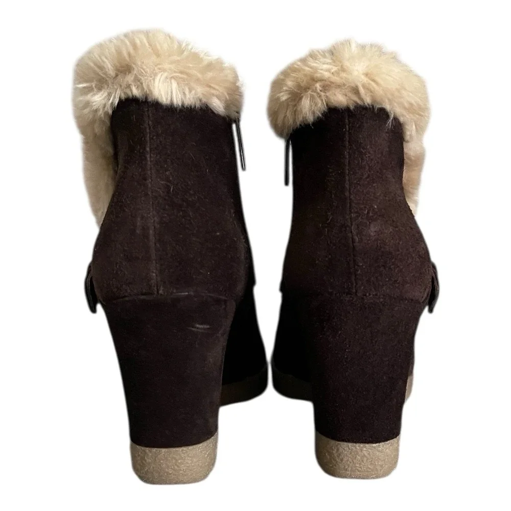 Aquatalia Carlotta Shearling‎ Trim Brown Suede Ankle Boots Retail $398